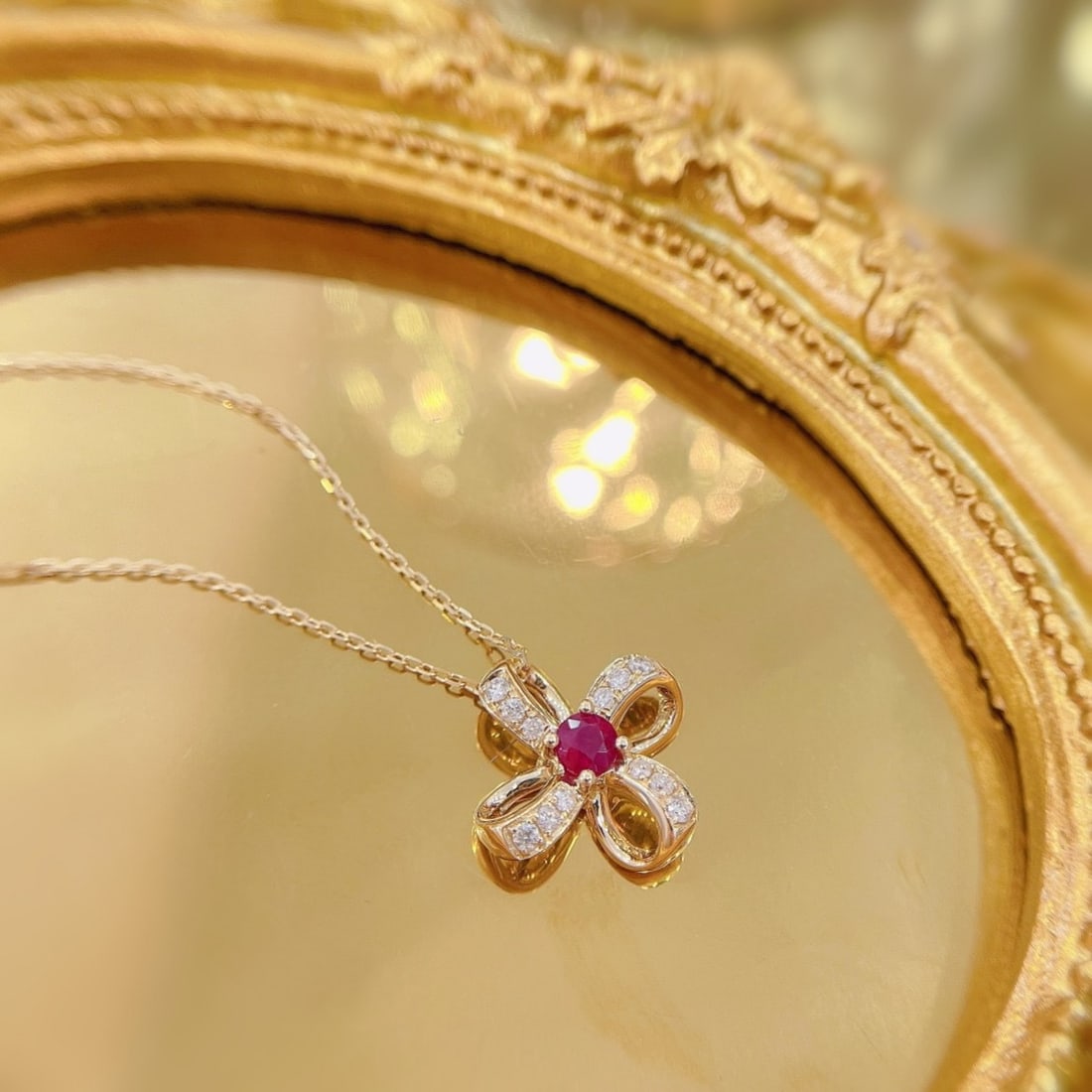 14k Gold 0.28 Ctw Natural Ruby & Diamond Necklace - 4