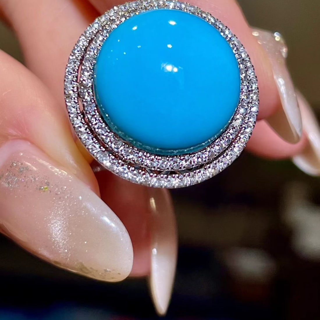 14k Gold 12.62 Ctw Natural Blue Turquoise & Diamond Ring - 2