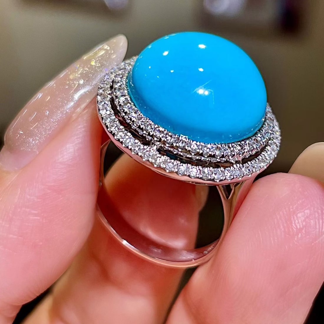 14k Gold 12.62 Ctw Natural Blue Turquoise & Diamond Ring - 3