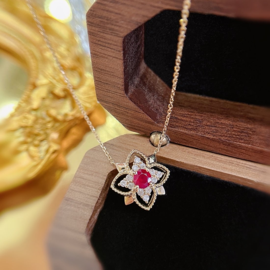 14k Gold 0.38 Ctw Natural Ruby & Diamond Necklace: Ref:231152390 // gold content:14k gold // main gemstone:ruby // shape:round // carat weight:0. 26ct // color:red // treatment:natural // cut grade:g // // adjacent gemstone 2 : diamond // shape:round 