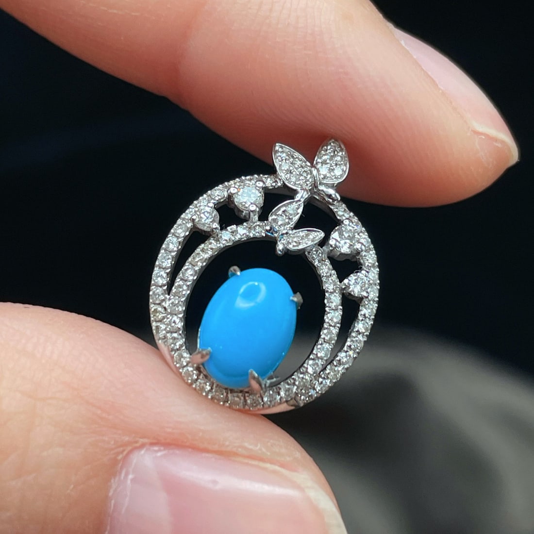 14k Gold 1.21 Ctw Natural Blue Turquoise & Diamond Pendant( Without Chain ) - 2