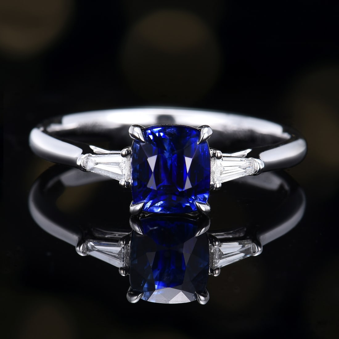 14k Gold 1.67 Ctw Natural Sapphire & Diamond Ring: Ref:231152406 // gold content:14k gold // ring size:7. 25us // // main gemstone:sapphire // shape:cushion // carat weight:1. 58ct // color:blue // treatment:natural // // adjacent gemstone 2 :