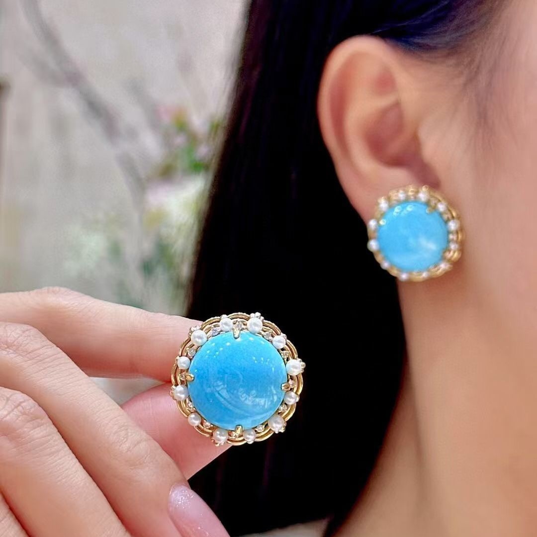 14k Gold 37.69 Ctw Natural Blue Turquoise & Diamond Earrings - 4