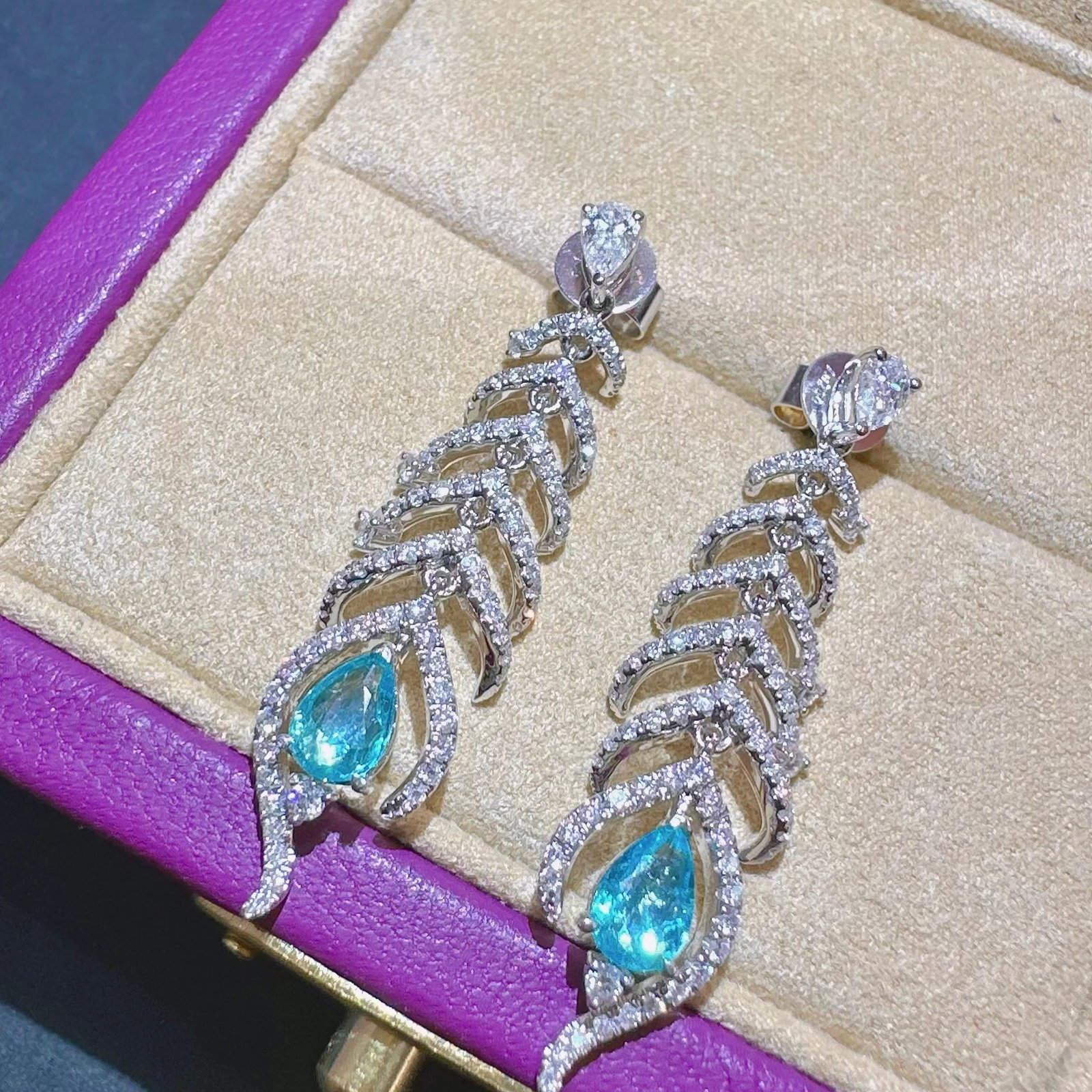 14k Gold 1.60 Ctw Natural Paraiba Tourmaline & Diamond Earrings - 2