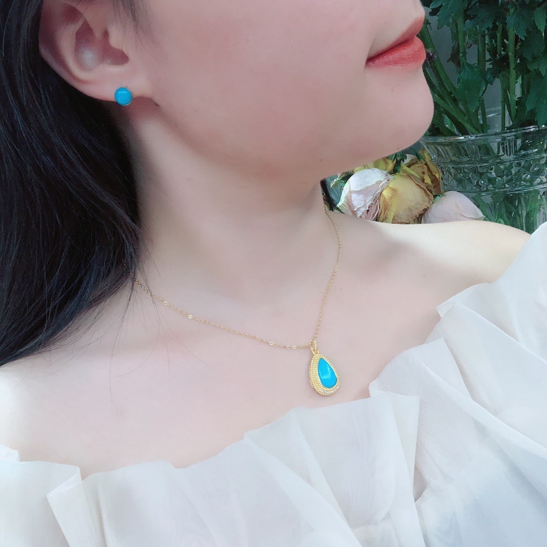 14k Gold 3.1 Ct Natural Blue Turquoise & Diamond Pendant( Without Chain ) - 6