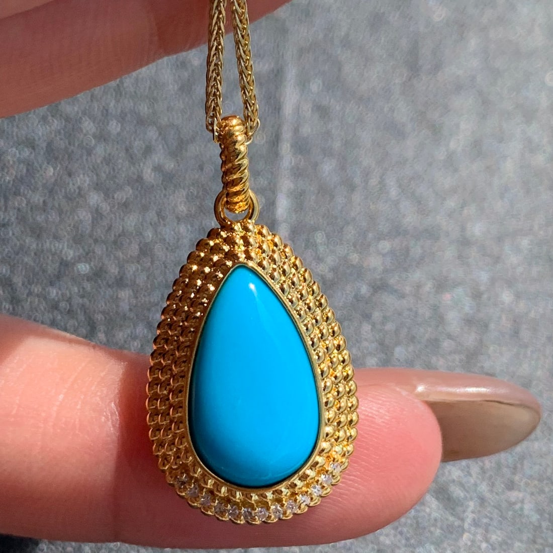 14k Gold 3.1 Ct Natural Blue Turquoise & Diamond Pendant( Without Chain ) - 7