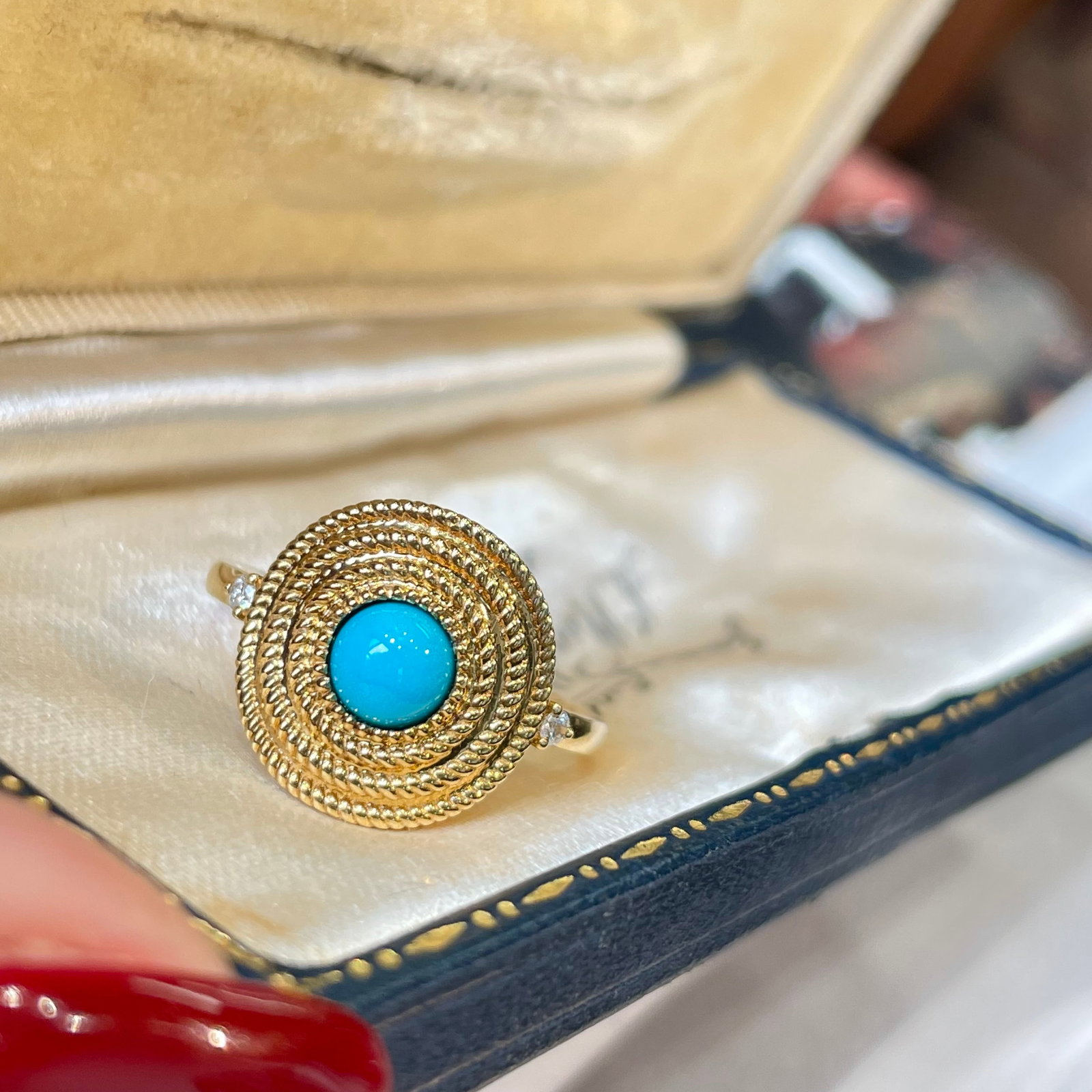 14k Gold 0.6 Ct Natural Blue Turquoise & Diamond Ring: Ref:231152428 // gold content:14k gold // ring size:7. 25us // // main gemstone:blue turquoise // shape:round // carat weight:0. 6ct // color:blue // treatment:natural // cut grade:g // // adjacent