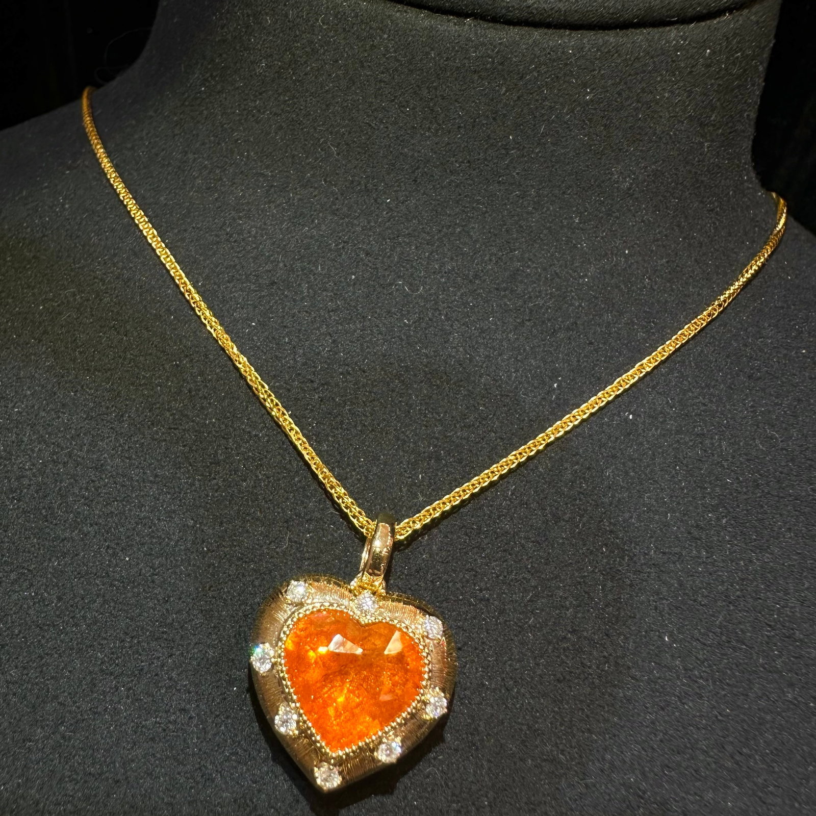 14k Gold 6.02 Ctw Natural Spessartine & Diamond Pendant( Without Chain ): Ref:231152429 // gold content:14k gold // main gemstone:spessartine // shape:heart // carat weight:5. 78ct // color:orange // treatment:natural // // adjacent gemstone 2 : diamond // shape:round //