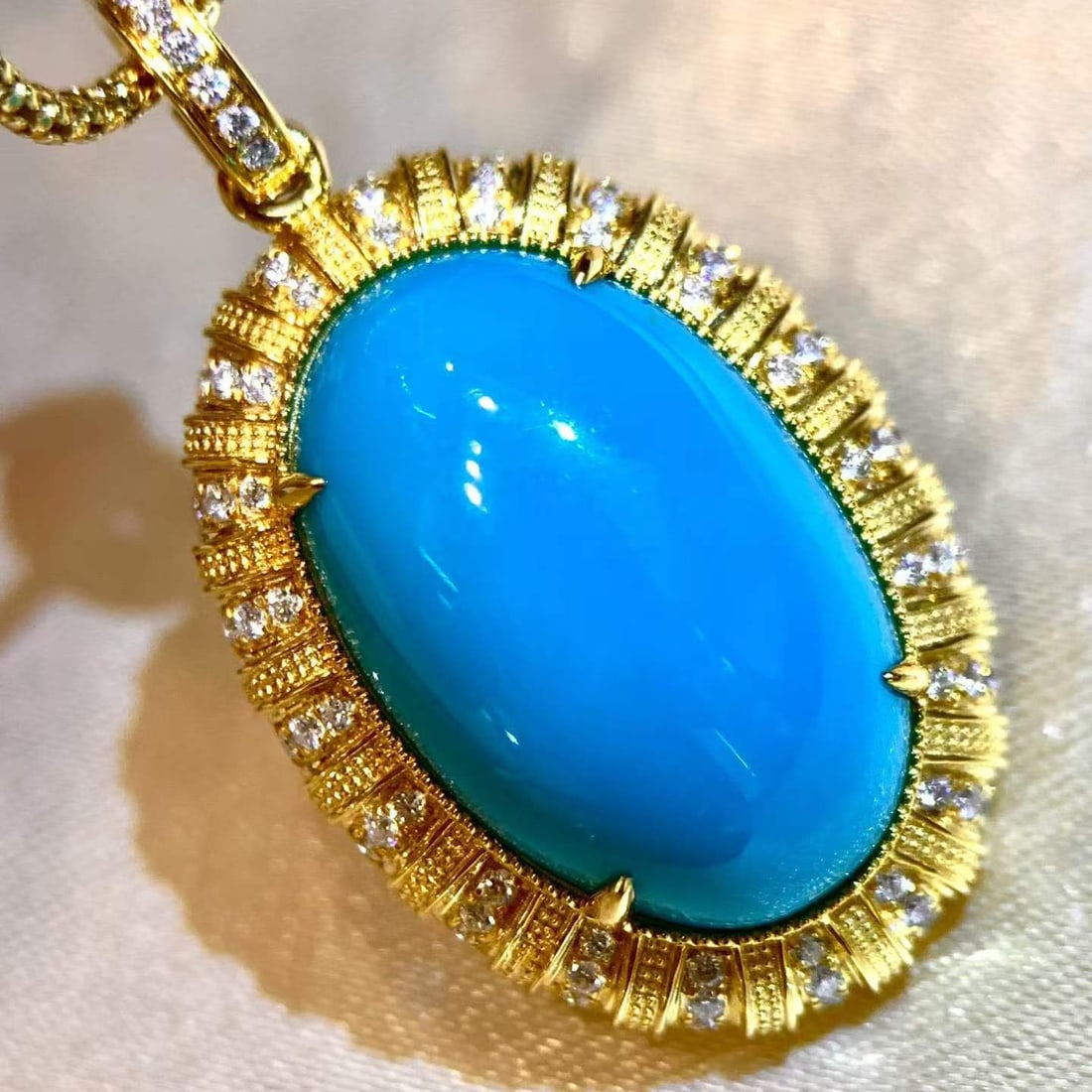 14k Gold 10.21 Ctw Natural Blue Turquoise & Diamond Pendant( Without Chain ) - 2
