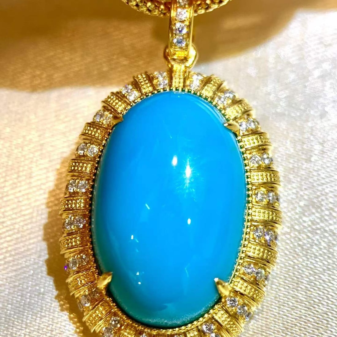14k Gold 10.21 Ctw Natural Blue Turquoise & Diamond Pendant( Without Chain ) - 3