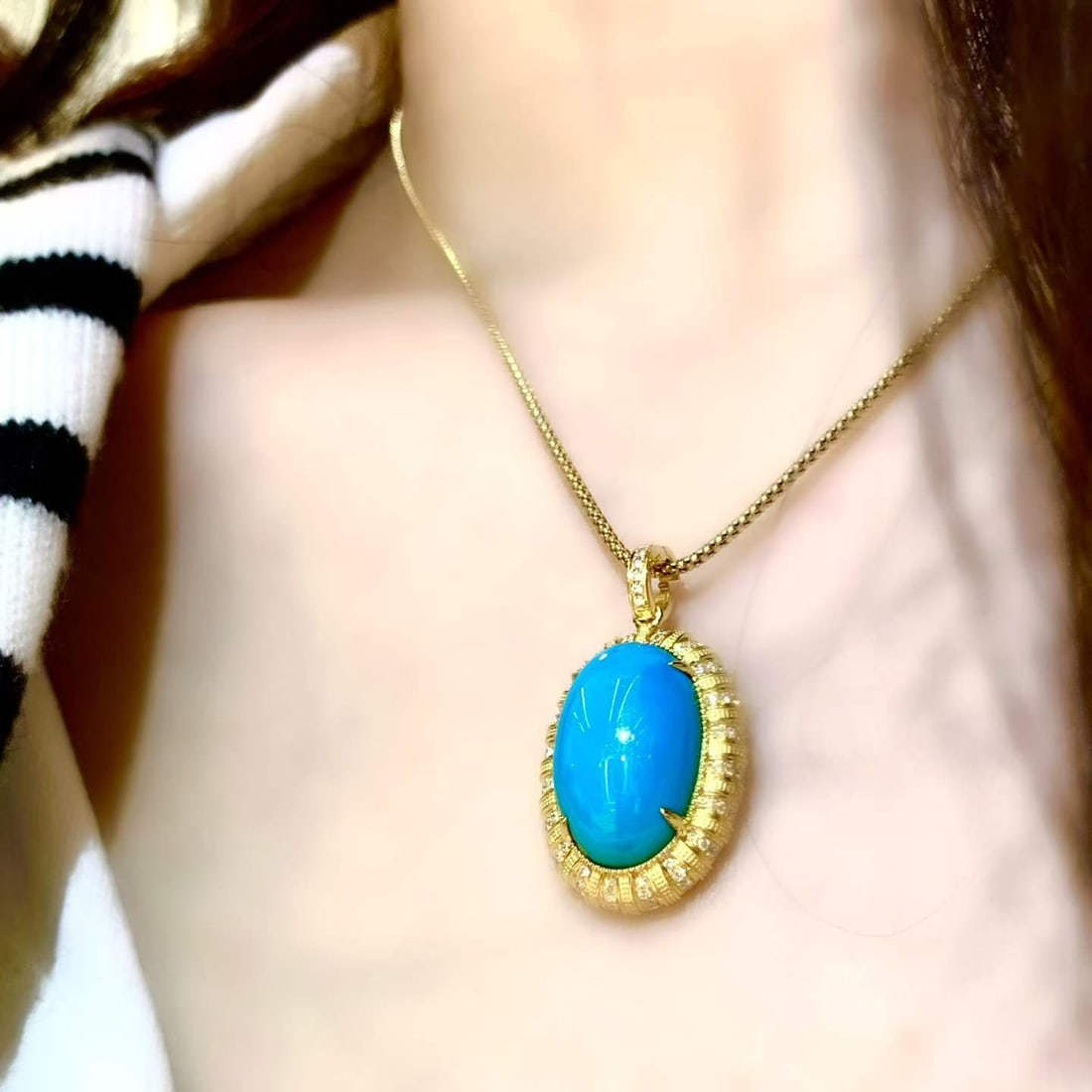 14k Gold 10.21 Ctw Natural Blue Turquoise & Diamond Pendant( Without Chain ) - 4