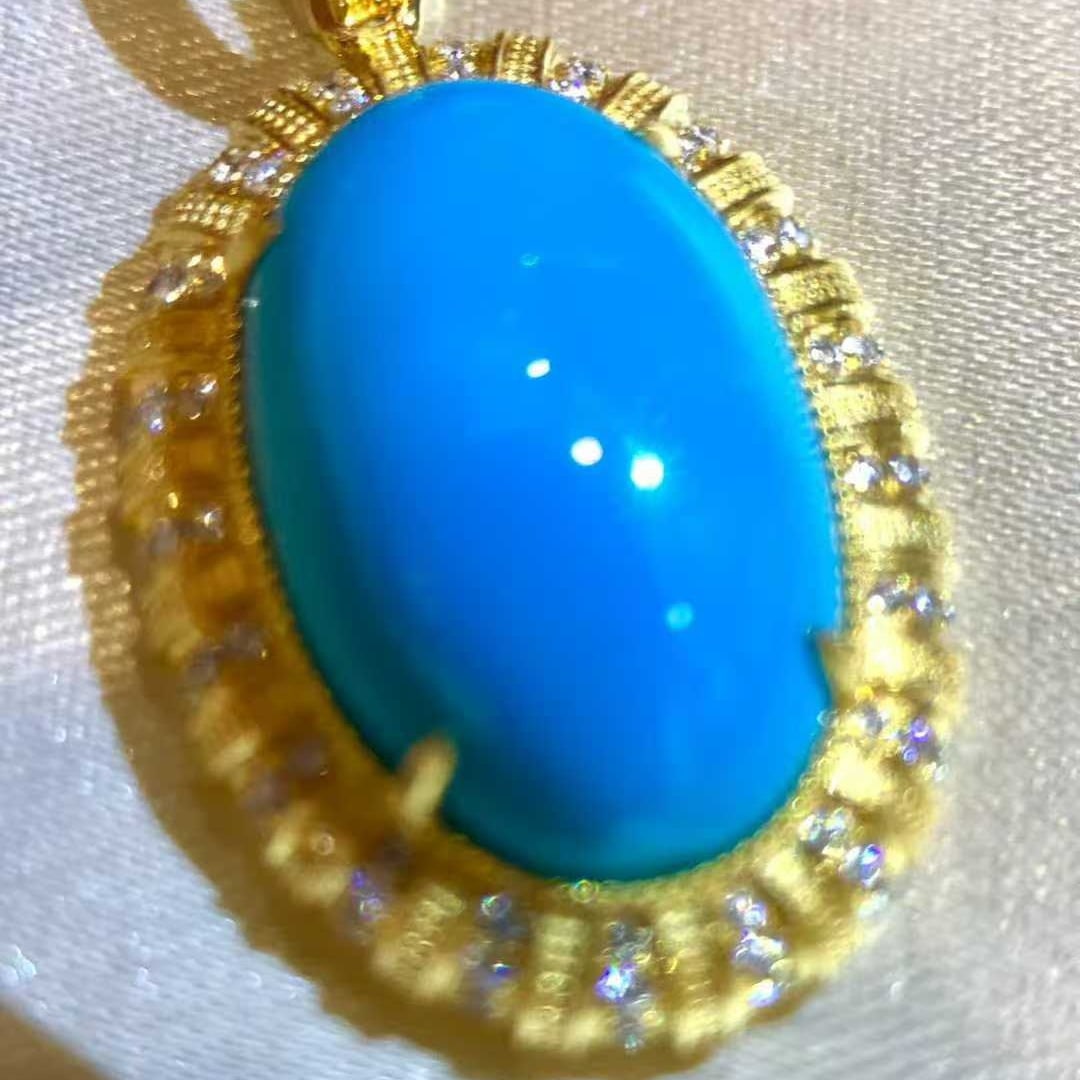 14k Gold 10.21 Ctw Natural Blue Turquoise & Diamond Pendant( Without Chain ) - 6