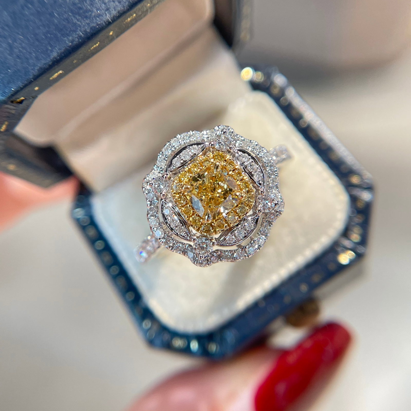 14k Gold 1.01 Ctw Natural Yellow Diamond & Diamond Ring: Ref:231152432 // gold content:14k gold // ring size:7. 25us // // main gemstone:yellow diamond // shape:cushion // carat weight:0. 51ct // color:yellow // treatment:natural // // adjacent gemstone 2