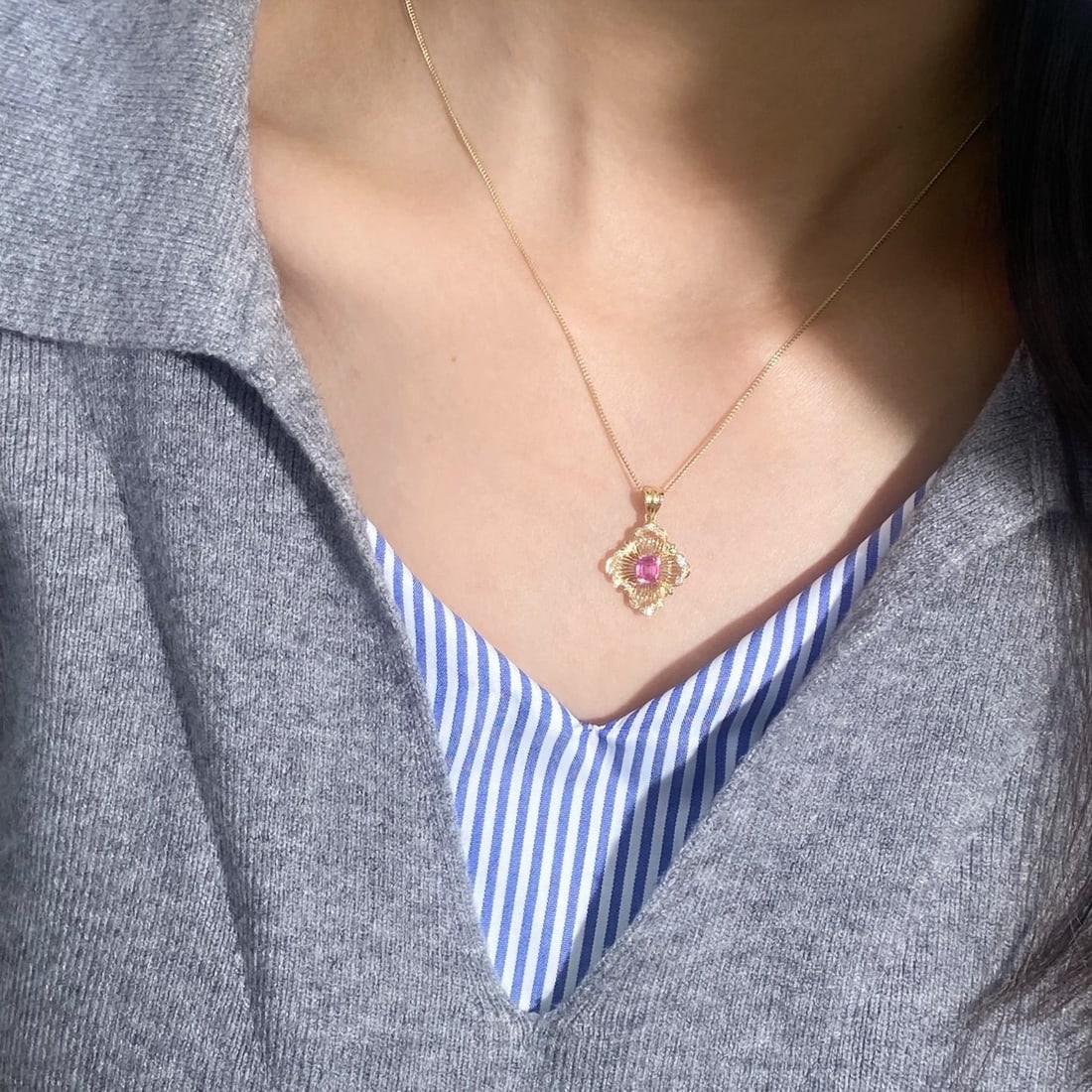 14k Gold 0.59 Ctw Natural Padparadscha Sapphire & Diamond Pendant( Without Chain ) - 3