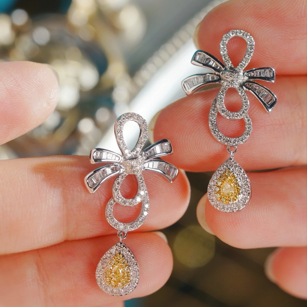 14k Gold 1.10 Ctw Natural Yellow Diamond & Diamond Earrings - 2