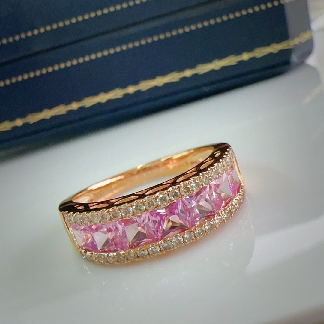 14k Gold 1.73 Ctw Natural Sapphire & Diamond Ring: Ref:230989009 // gold content:14k gold // ring size:7. 25us // // main gemstone:sapphire // shape:emerald // carat weight:1. 50ct // color:pink // treatment:natural // cut grade:g // // adjacent