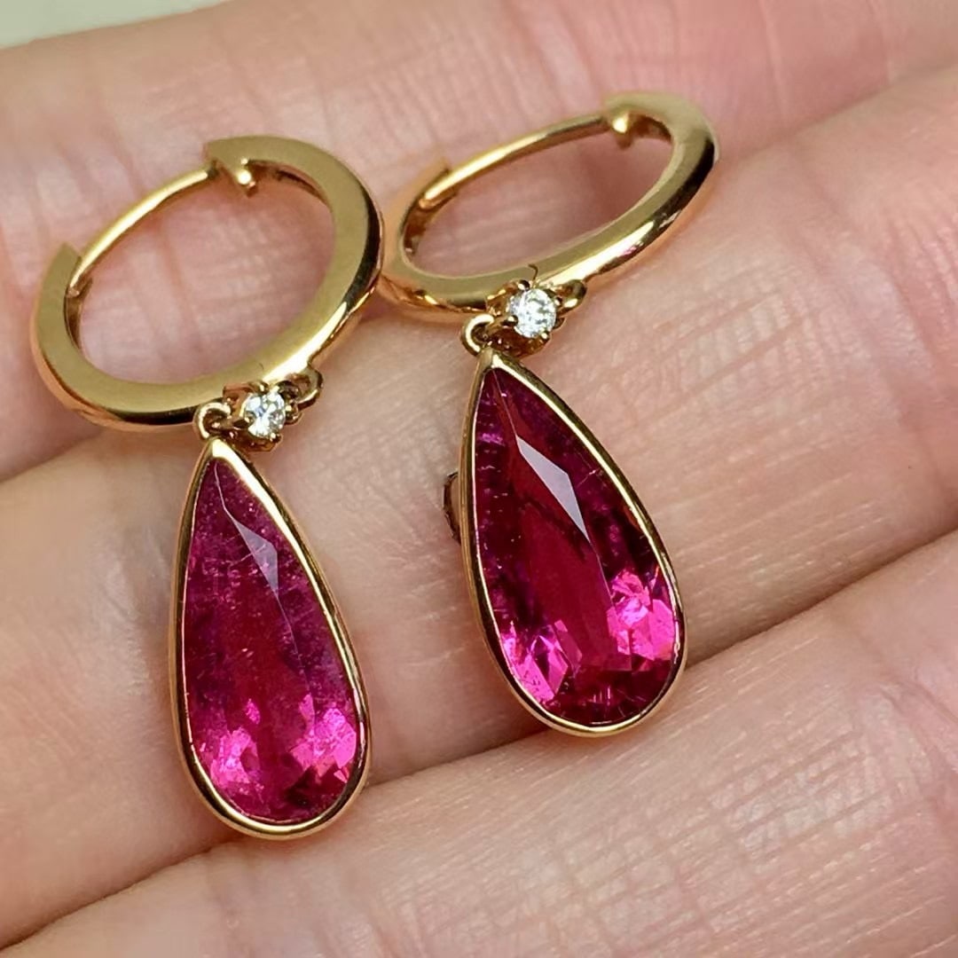 14k Gold 3 Ct Natural Tourmaline & Diamond Earrings - 2