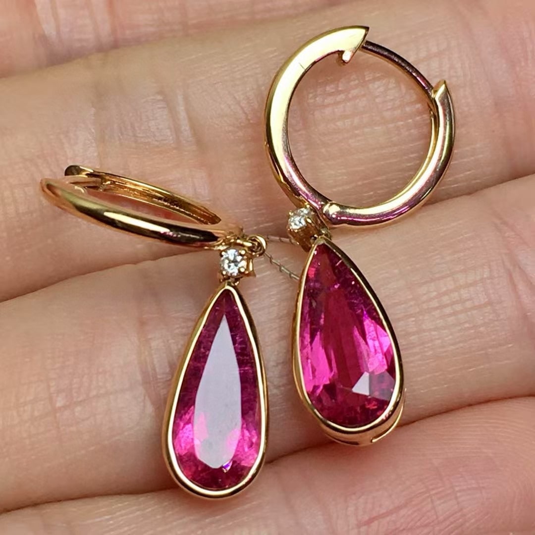 14k Gold 3 Ct Natural Tourmaline & Diamond Earrings - 3