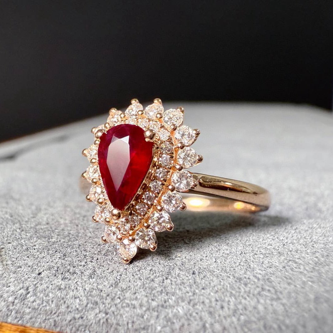 14k Gold 0.60 Ct Natural Ruby & Diamond Ring: Ref:230989026 // gold content:14k gold // ring size:7. 25us // // main gemstone:ruby // shape:pear // carat weight:0. 60ct // clarity grade:vs-si // color:red // treatment:natural // cut grade:g //