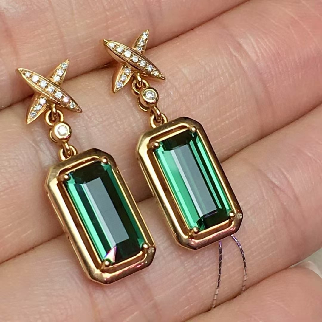14k Gold 3.2 Ct Natural Tourmaline & Diamond Earrings - 2