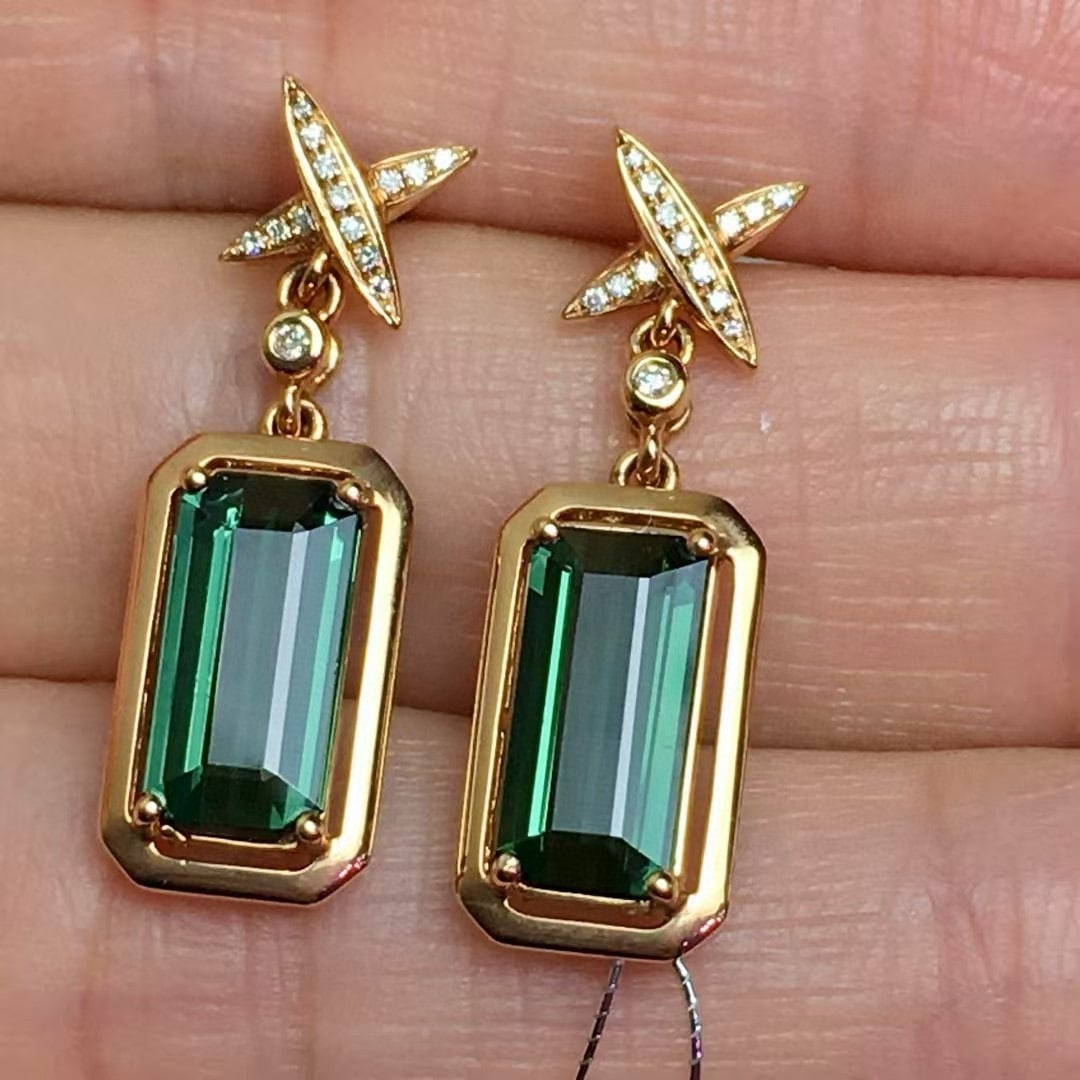 14k Gold 3.2 Ct Natural Tourmaline & Diamond Earrings - 3