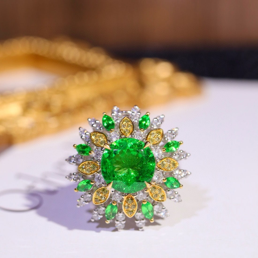 14k Gold 4.30 Ctw Natural Tsavorite & Diamond Ring: Ref:230989036 // gold content:14k gold // ring size:7. 25us // // main gemstone:tsavorite // shape:round // carat weight:3. 32ct // color:green // treatment:natural // cut grade:g // // adjacent