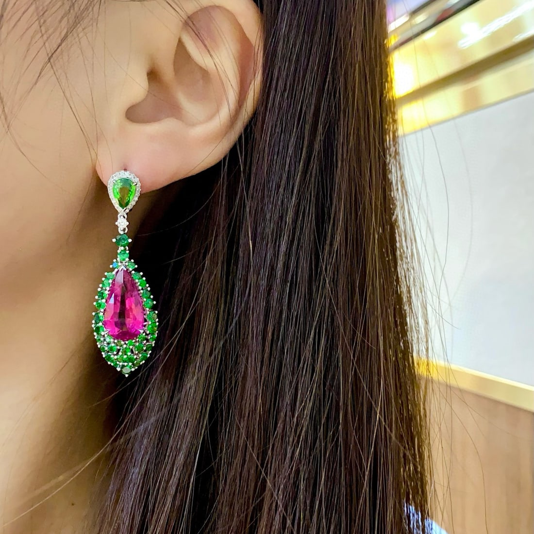 14k Gold 18.78 Ctw Natural Tourmaline & Tsavorite Earrings - 2