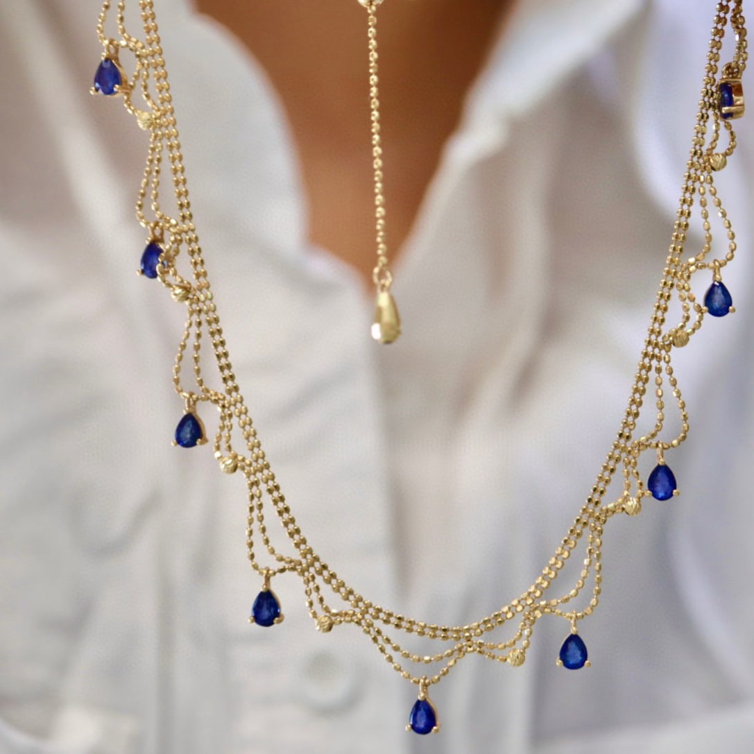 14k Gold 2.7 Ct Natural Sapphire & Diamond Necklace: Ref:230989054 // gold content:14k gold // main gemstone:sapphire // shape:pear // carat weight:2. 7ct // color:blue // treatment:natural // cut grade:g // // adjacent gemstone 2 : diamond //