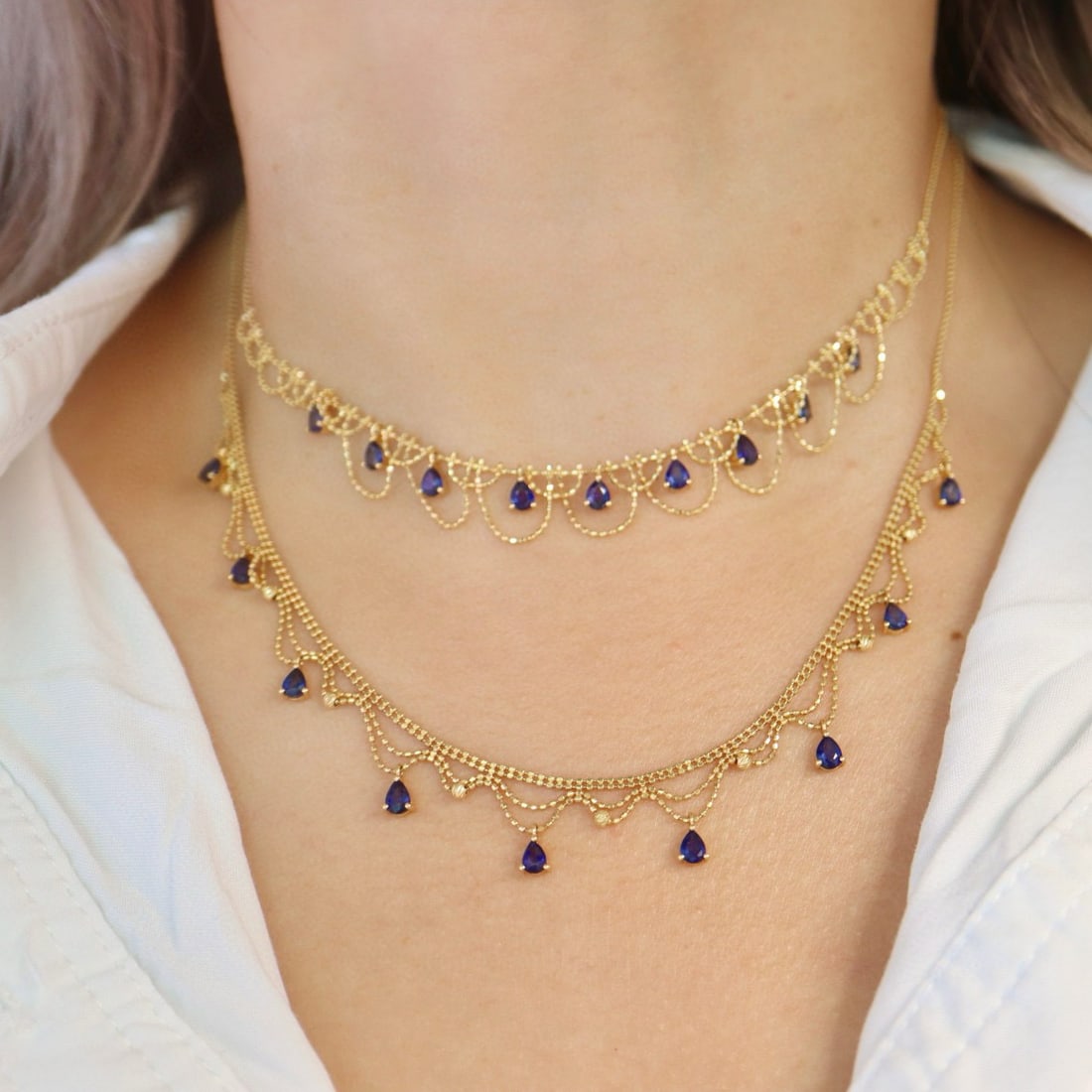 14k Gold 2.7 Ct Natural Sapphire & Diamond Necklace - 2