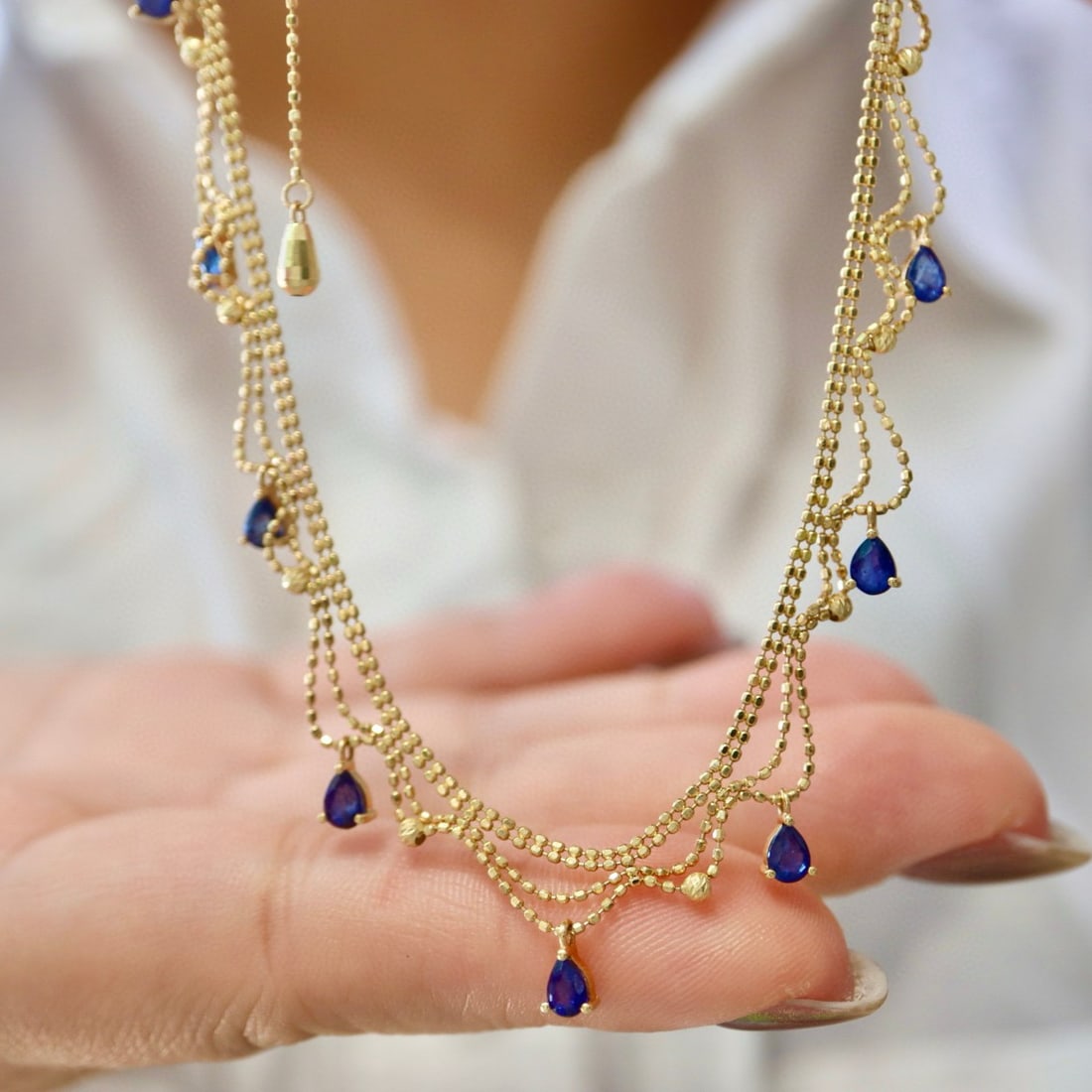 14k Gold 2.7 Ct Natural Sapphire & Diamond Necklace - 6