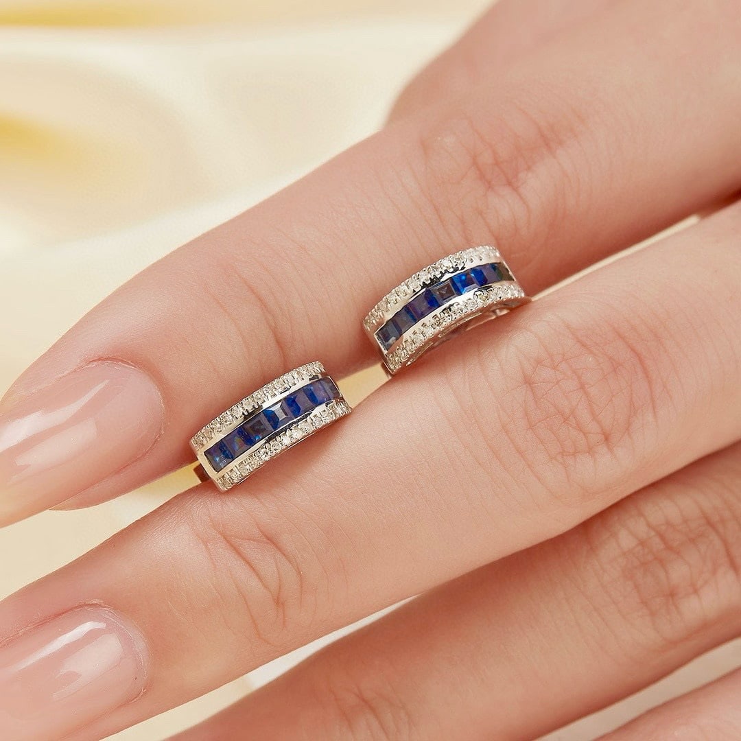 14k Gold 0.70 Ct Natural Sapphire & Diamond Earrings - 2
