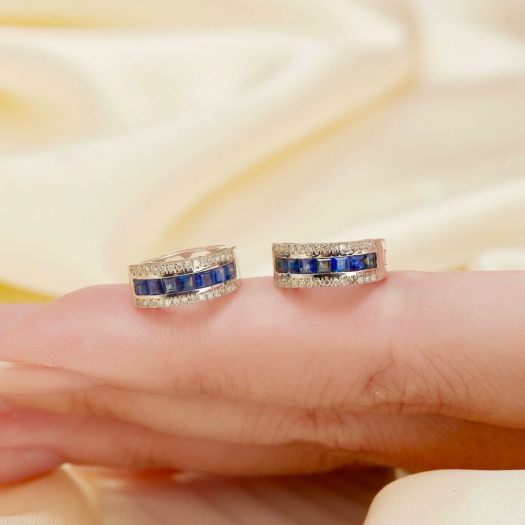 14k Gold 0.70 Ct Natural Sapphire & Diamond Earrings - 4