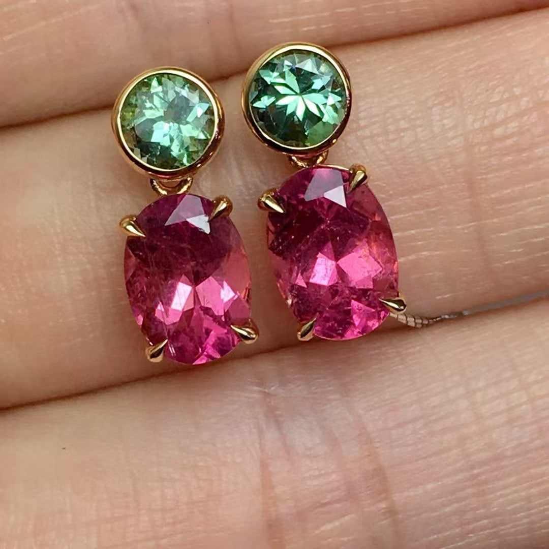14k Gold 4.7 Ct Natural Tourmaline & Diamond Earrings - 2