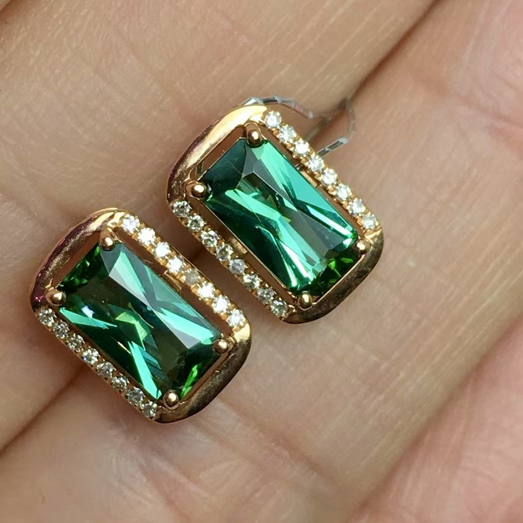 14k Gold 1.5 Ct Natural Tourmaline & Diamond Earrings - 2