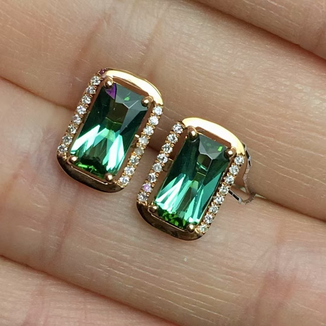 14k Gold 1.5 Ct Natural Tourmaline & Diamond Earrings - 3