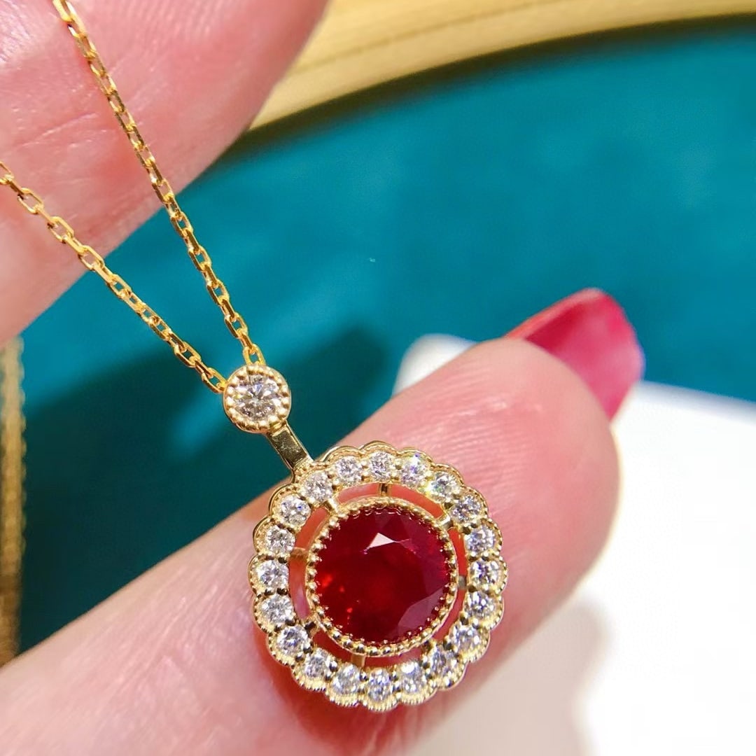 14k Gold 1.49 Ctw Natural Ruby & Diamond Pendant( Without Chain ): Ref:230989081 // gold content:14k gold // main gemstone:ruby // shape:round // carat weight:1. 2ct // color:red // treatment:natural // cut grade:g // // adjacent gemstone 2 : diamond // shape:round /