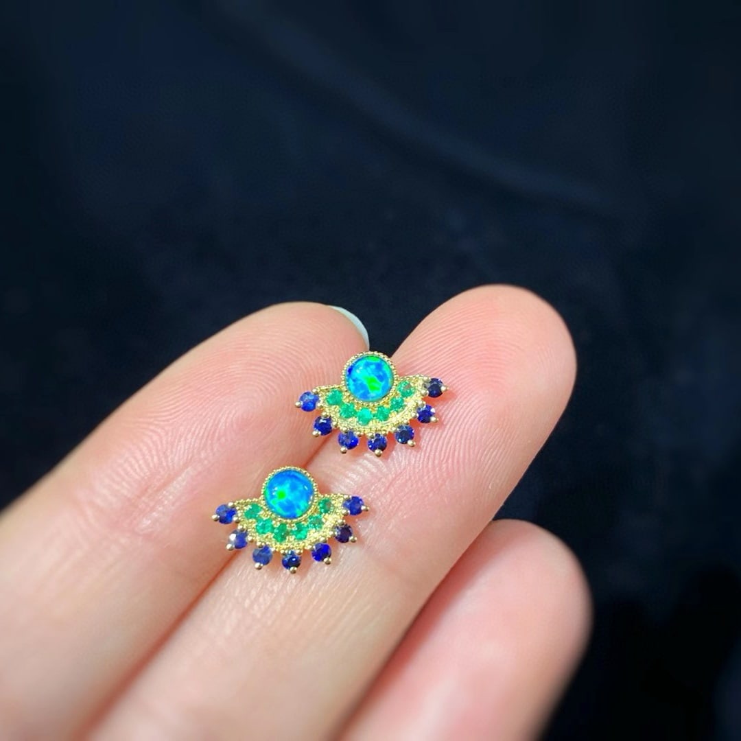 14k Gold 0.55 Ctw Natural Opal & Emerald Earrings - 2
