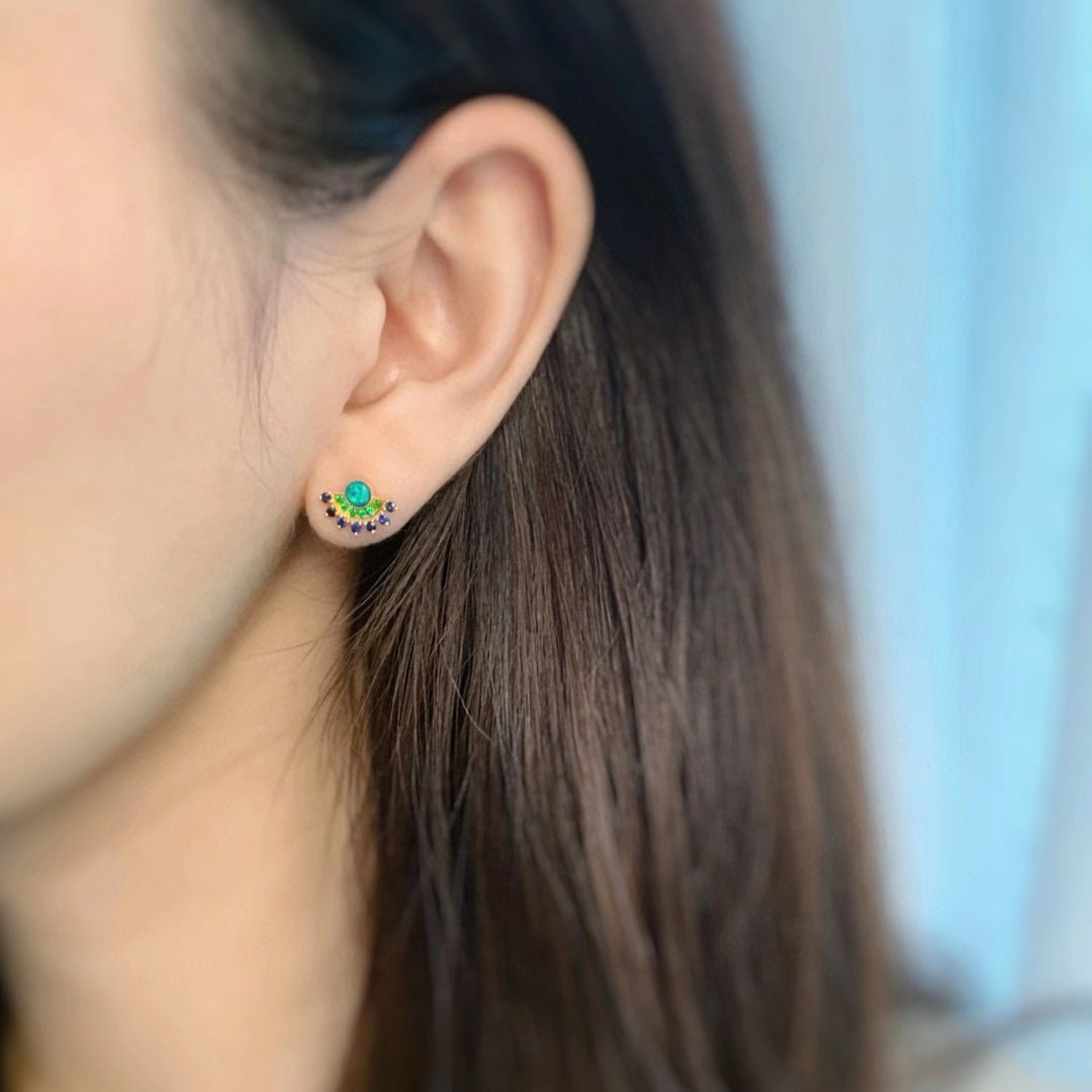 14k Gold 0.55 Ctw Natural Opal & Emerald Earrings - 4