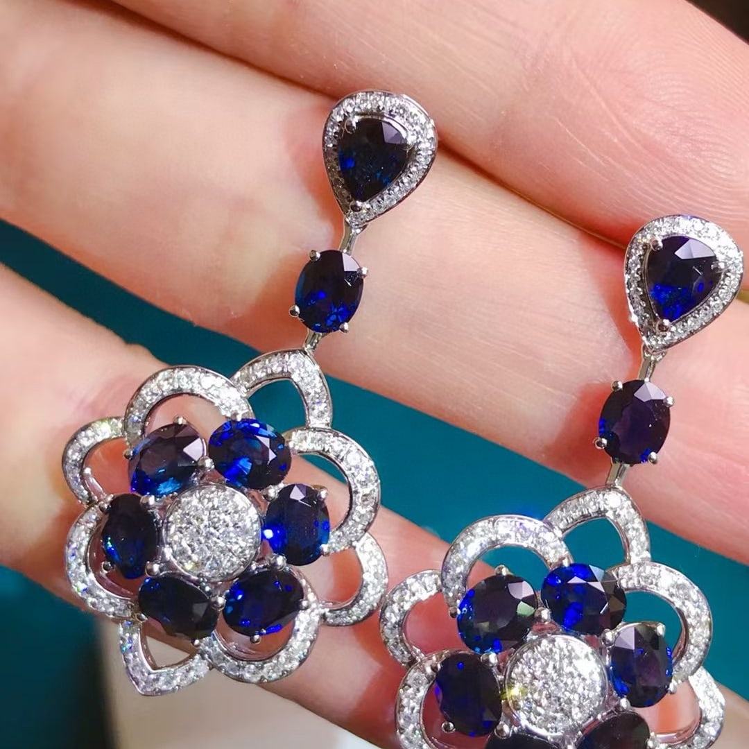 14k Gold 8.08 Ctw Natural Sapphire & Diamond Earrings - 2