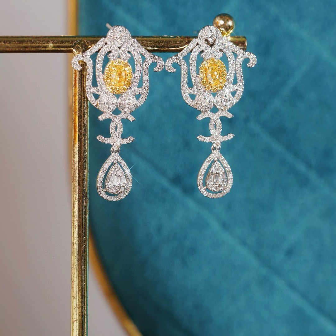 14k Gold 1.30 Ctw Natural Yellow Diamond & Diamond Earrings - 2