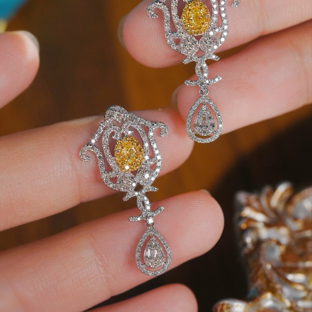 14k Gold 1.30 Ctw Natural Yellow Diamond & Diamond Earrings - 7