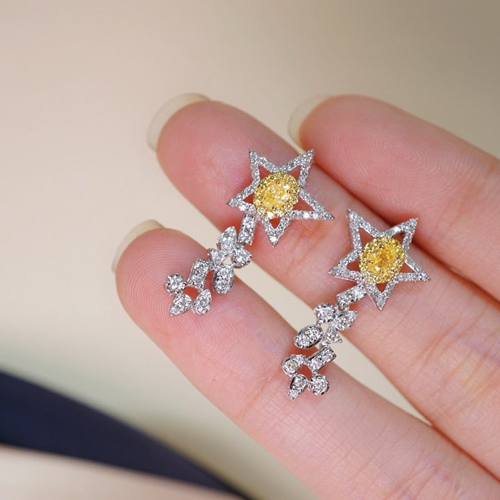 14k Gold 0.80 Ctw Natural Yellow Diamond & Diamond Earrings - 2
