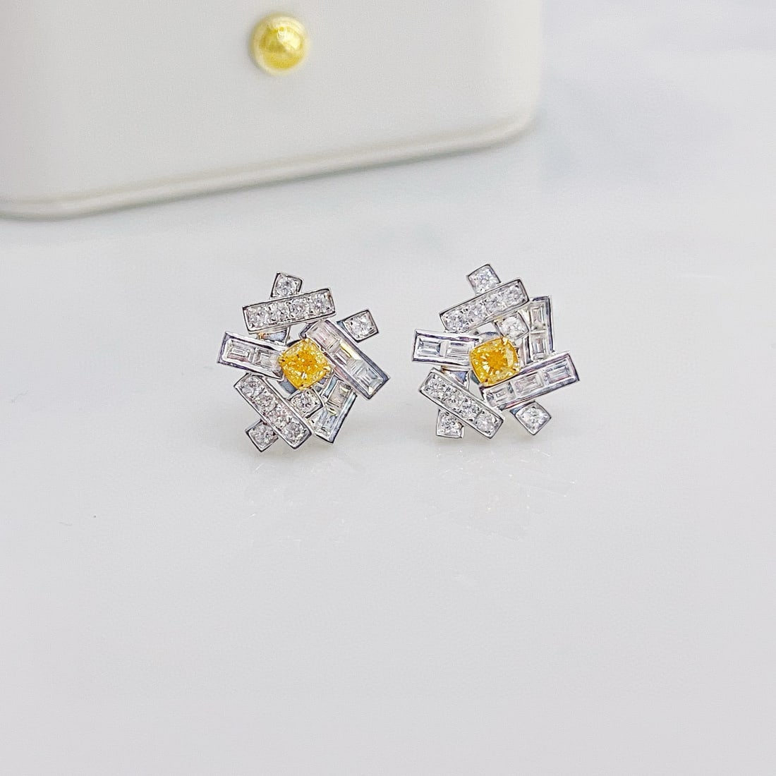 14k Gold 1.04 Ctw Natural Yellow Diamond & Diamond Earrings: Ref:230989093 // gold content:14k gold // main gemstone:yellow diamond // shape:cushion // carat weight:0. 36ct // color:yellow // treatment:natural // cut grade:g // // adjacent gemstone 2 : diamond 
