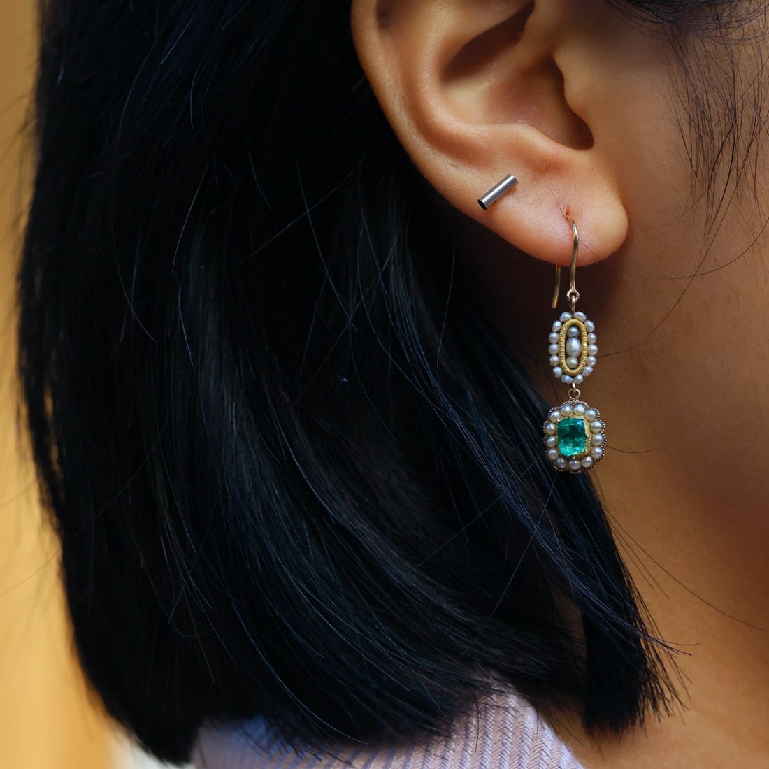 14k Gold 1.2 Ct Natural Emerald & Diamond Earrings - 2