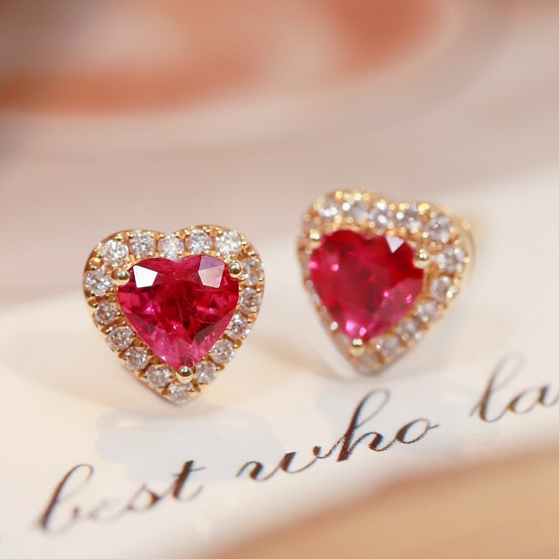 14k Gold 0.64 Ctw Natural Ruby & Diamond Earrings: Ref:230989141 // gold content:14k gold // main gemstone:ruby // shape:heart // carat weight:0. 54ct // color:red // treatment:natural // cut grade:g // // adjacent gemstone 2 : diamond // shape:round