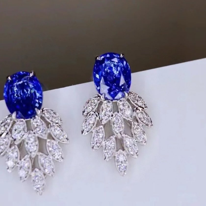 14k Gold 2 Ct Natural Sapphire & Diamond Earrings - 5