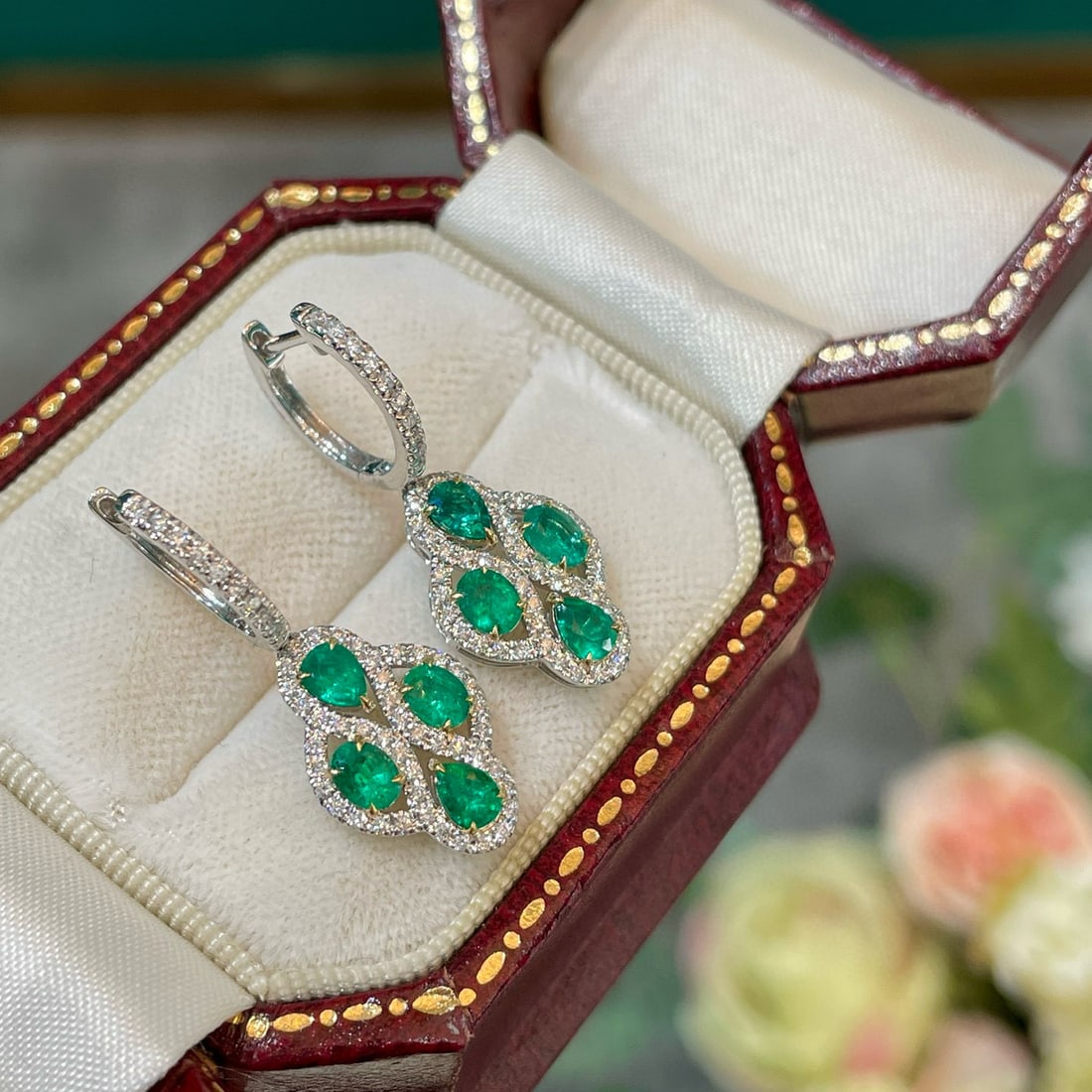 14k Gold 1.35 Ct Natural Emerald & Diamond Earrings - 2
