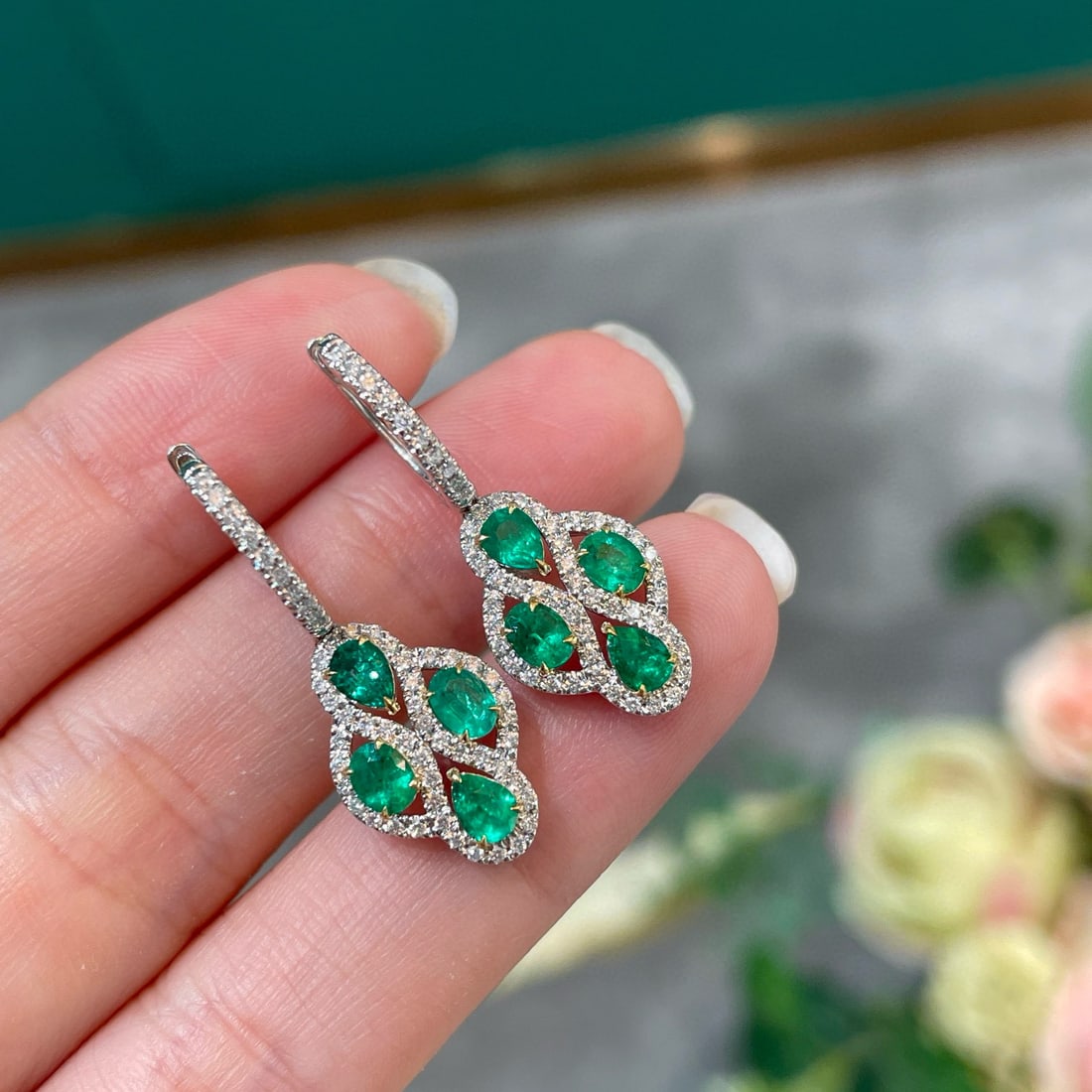 14k Gold 1.35 Ct Natural Emerald & Diamond Earrings - 3