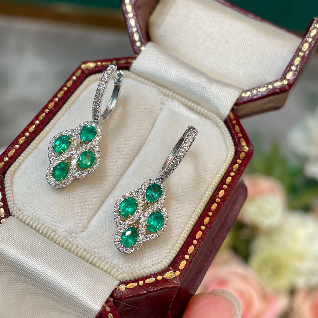 14k Gold 1.35 Ct Natural Emerald & Diamond Earrings - 5