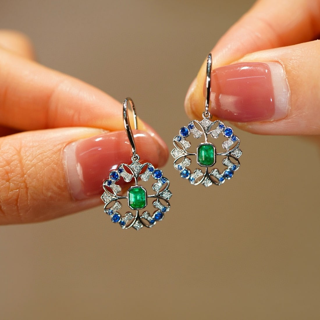 14k Gold 0.4 Ct Natural Emerald & Diamond Earrings - 2